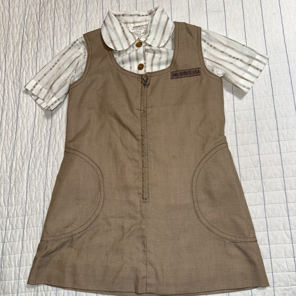Vintage Girl Scouts USA Official Uniform Jumper and Striped Shirt Set Brown Kids